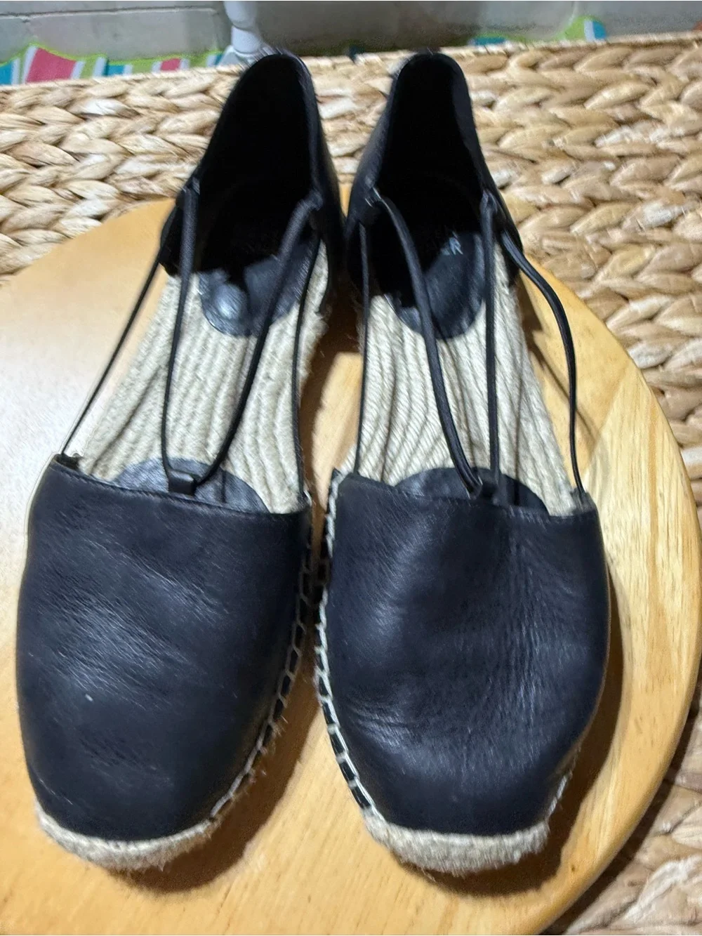 Eileen Fisher Black Leather Espadrille Flats with Ankle Ties
